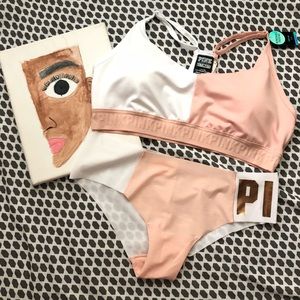 NWT Victorias Secret Pink Peach/White Bra & Panty